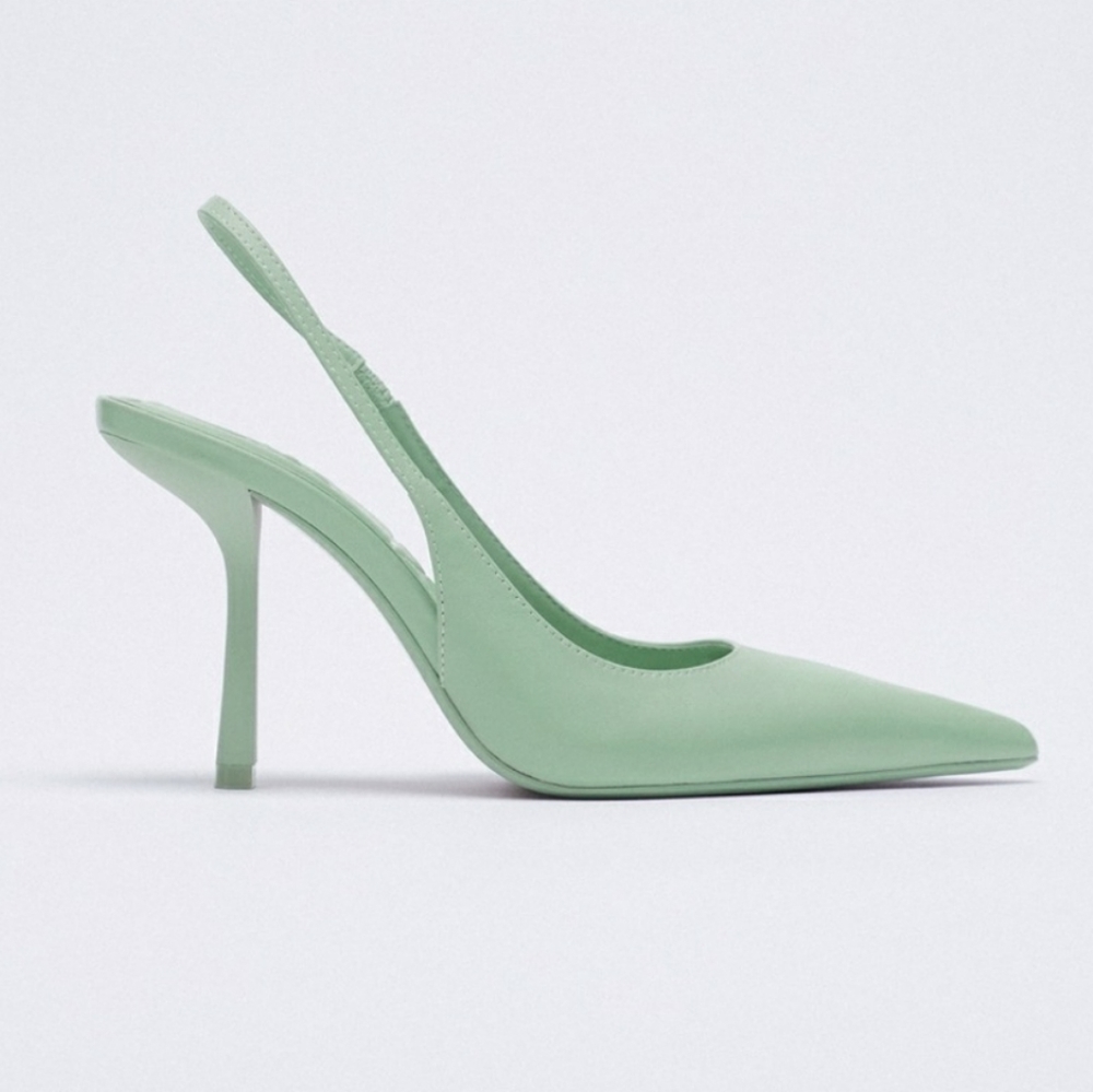 Zara SLINGBACK LEATHER HEELS GREEN Bloggers favorite - Picture 5 of 15
